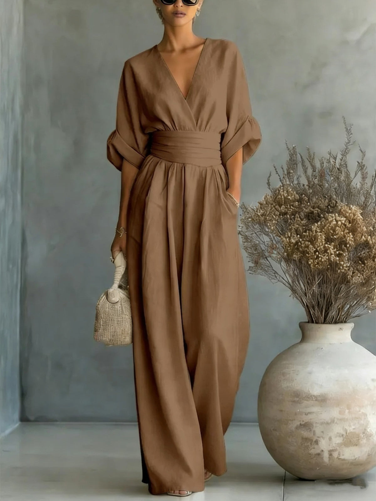 Elegant V Neck Waist Cinching Women Jumpsuit