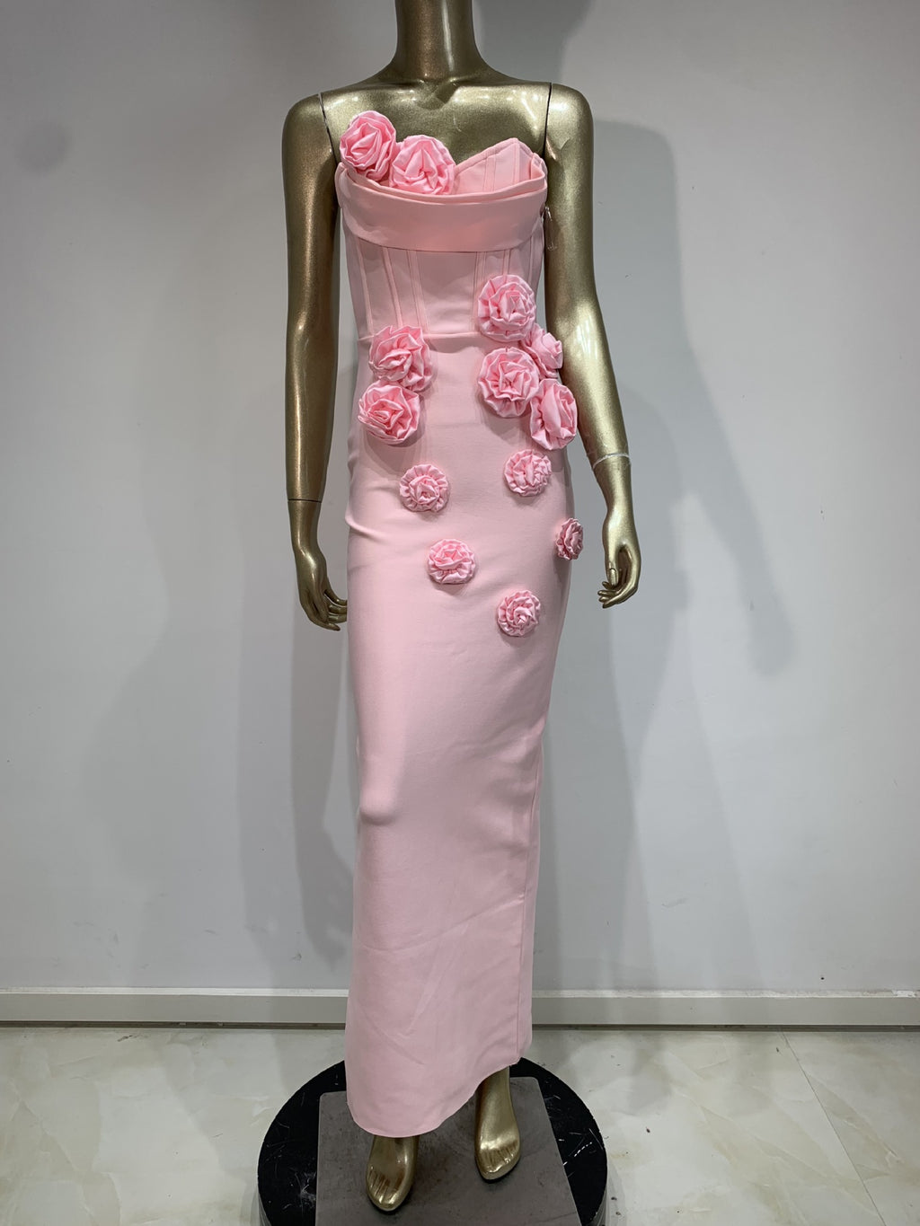 Womens Floral Applique Strapless Long Dress