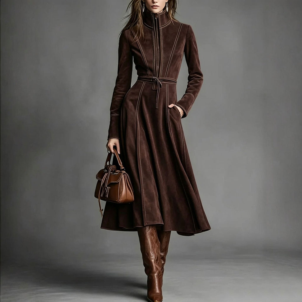 Women's Retro Suede Stand Collar Zipper A-Line Long Dress