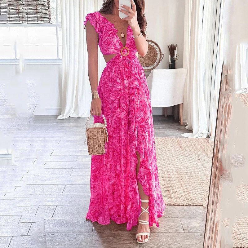 Floral Print V-Neck Ruffled Dress