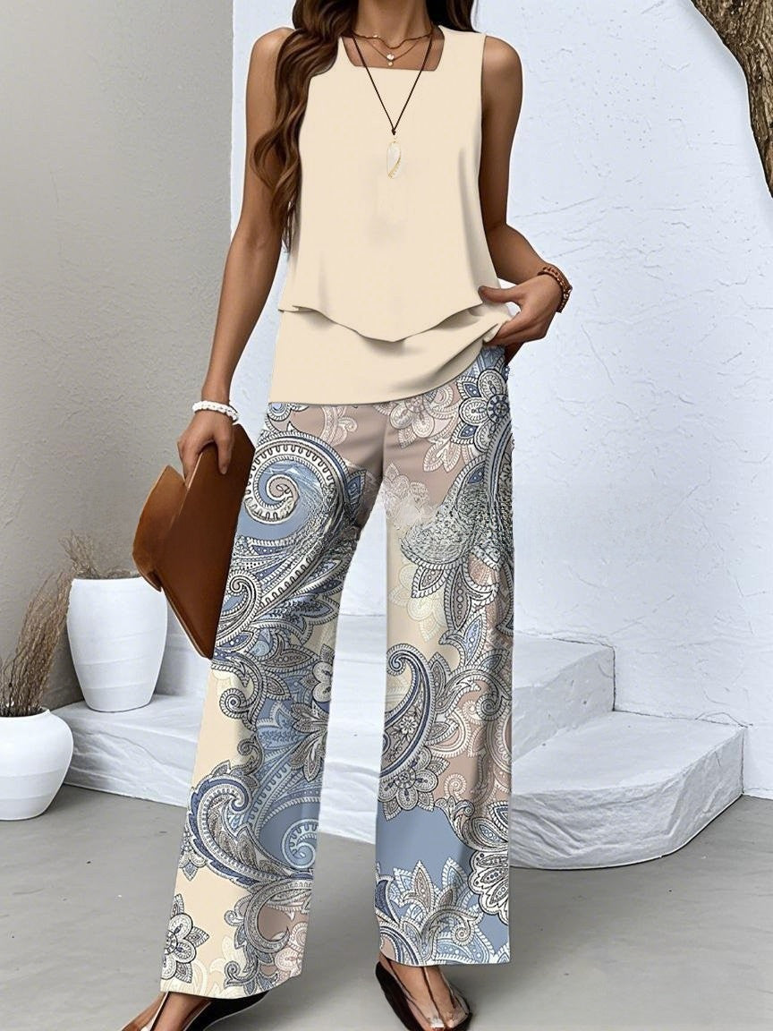 Womens Sleeveless Double-Layer Vest Top and Pants Set