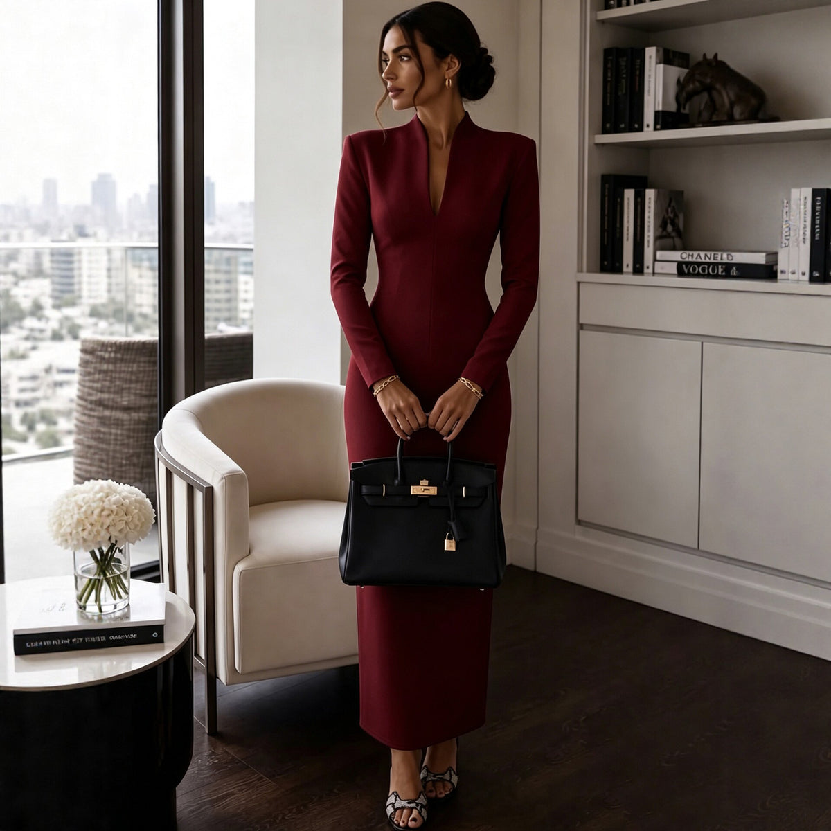 Women's Elegant Stand Collar V-Neck Long Sleeve Bodycon Dress
