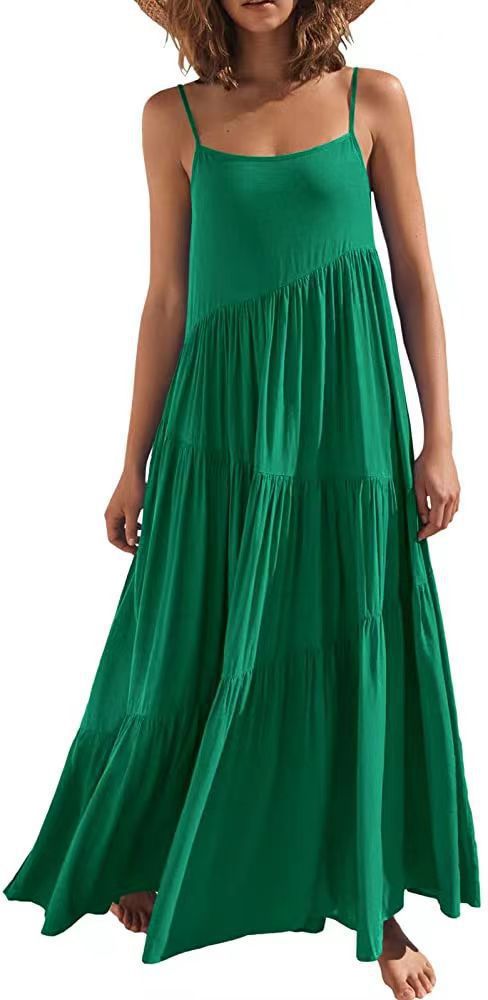 Women's Loose Solid Color Pleated Irregular Beach Strap Maxi Dress