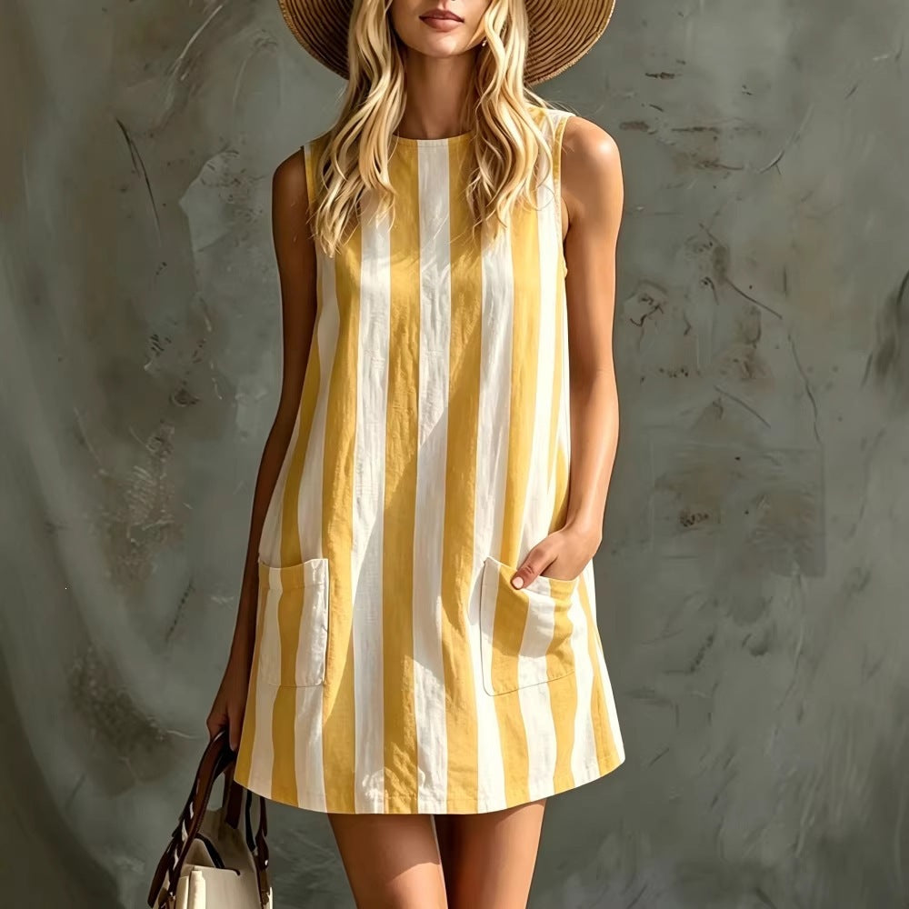 Retro Striped Sleeveless Round Neck Cotton and Linen  Dress