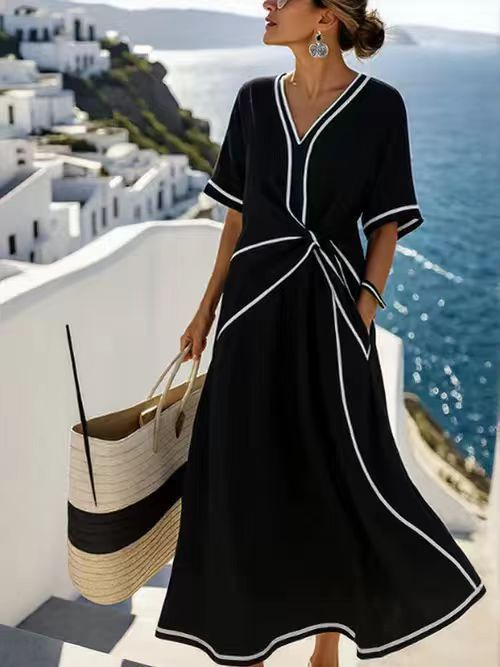 Womens Elegant V-Neck Short Sleeve A-Line Dress Loose Fit