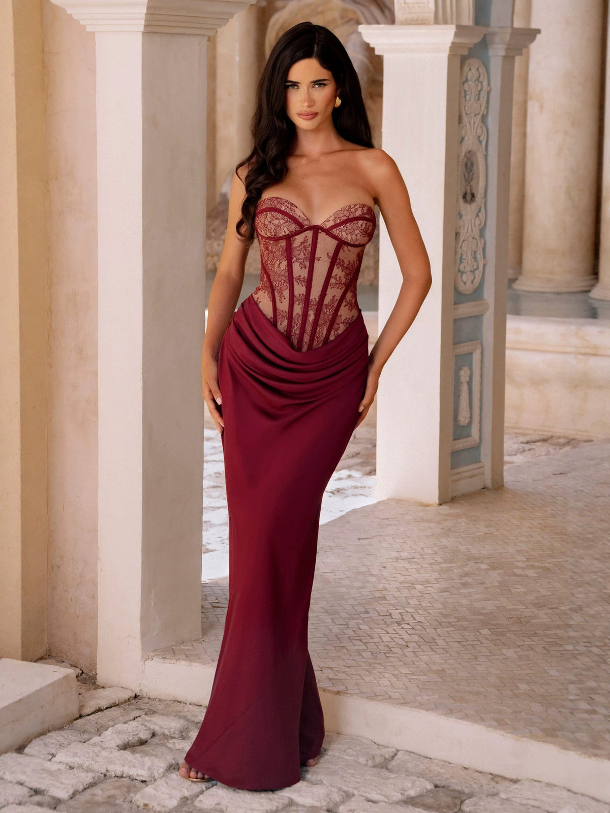 Women's Strapless Mermaid Maxi Dress with Corset and Pleats