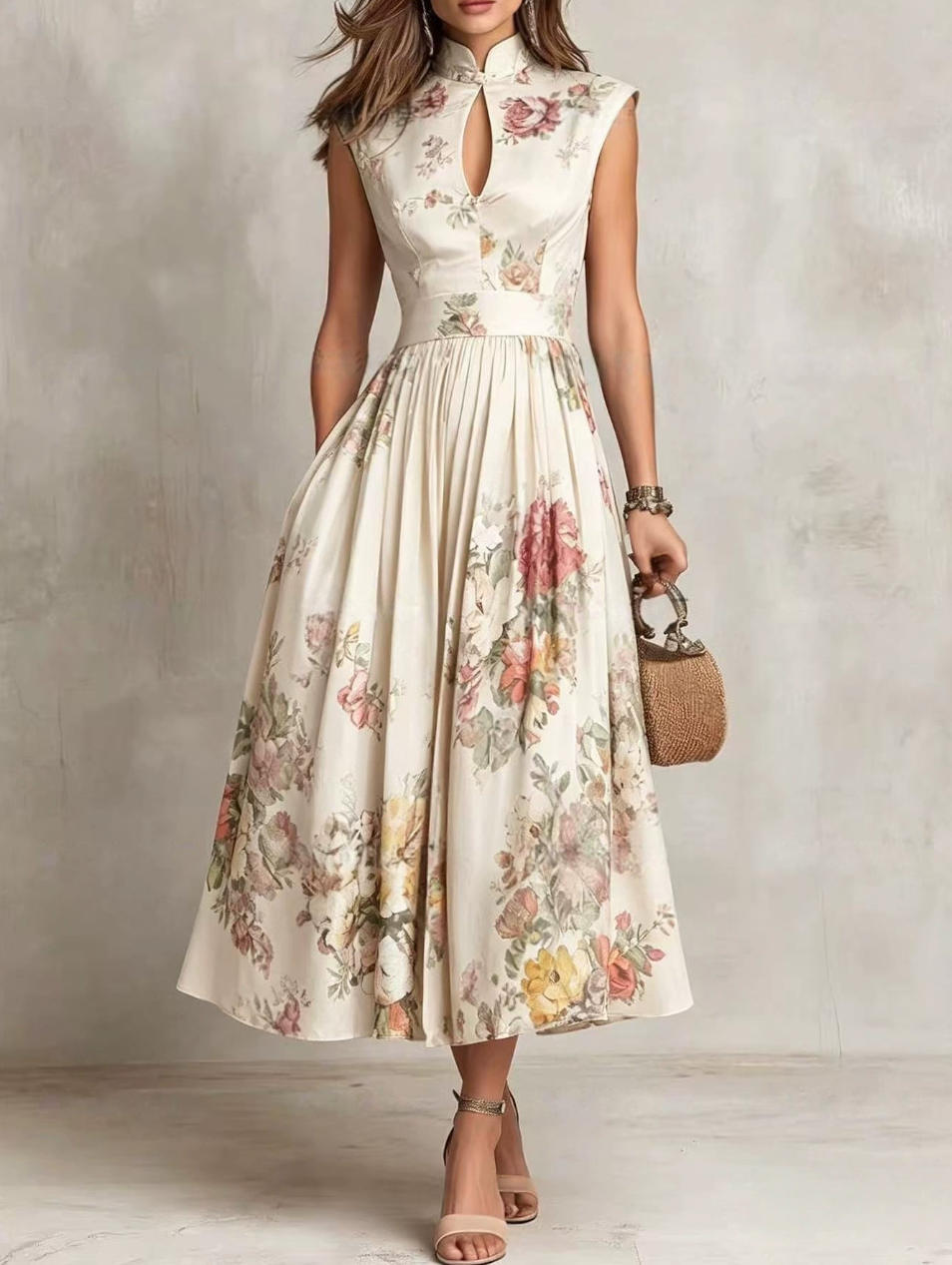 Women Sleeveless Floral Print Slim Fit Long Dress