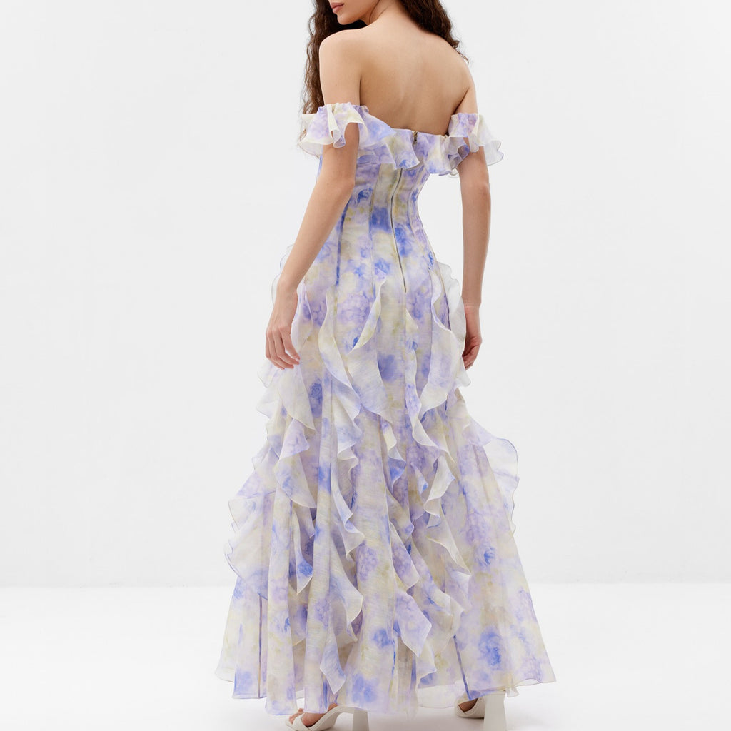 Women's Chiffon Sling Floral Ruffle Hem A-Line Maxi Dress