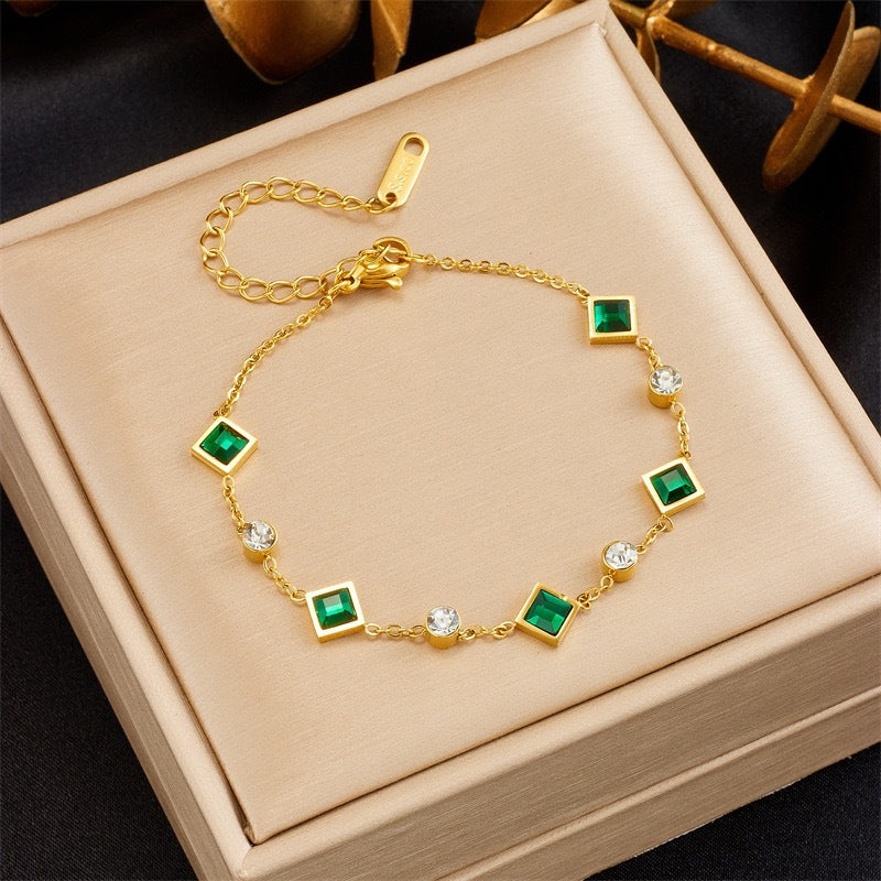 Gold-Plated Titanium Steel Square Emerald Inlaid Rhinestone Necklace