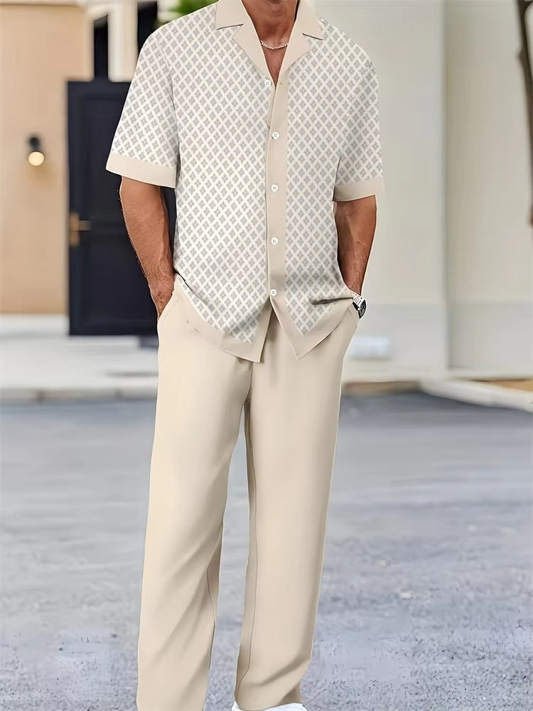 Mens Solid Color Short Sleeve Shirt and Drawstring Long Pants Two Piece Outfit