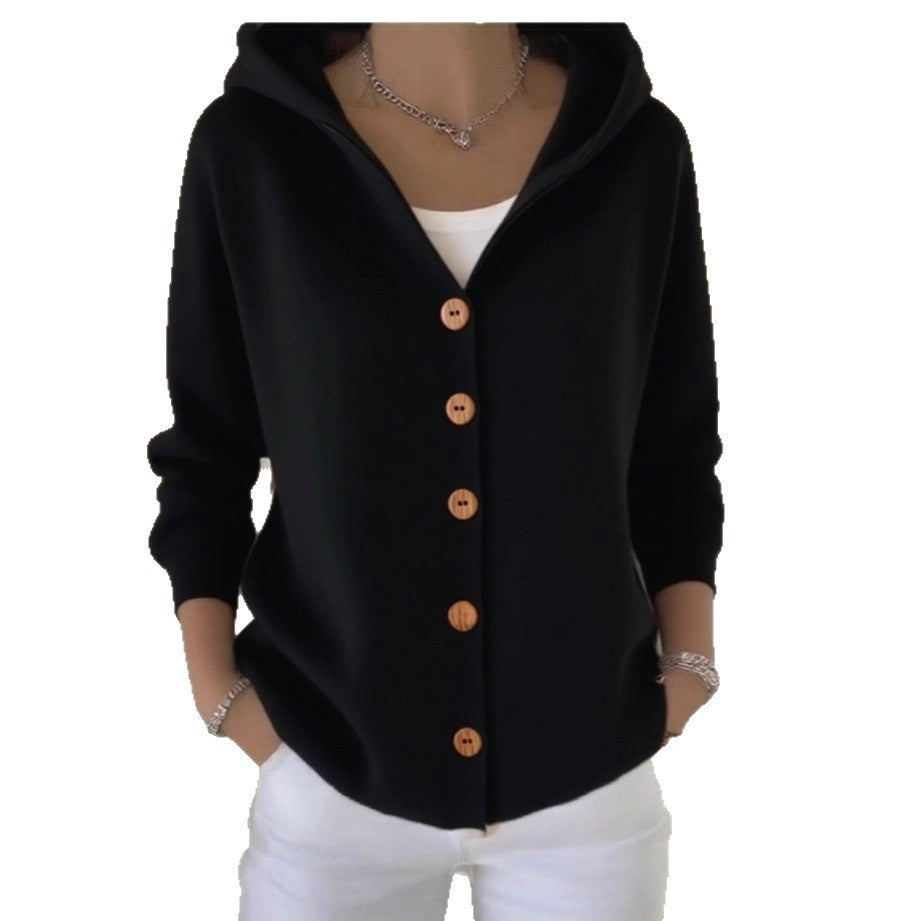 Women's Hooded Knitted Cardigan Solid Color Casual Fashion Sweater Jacket