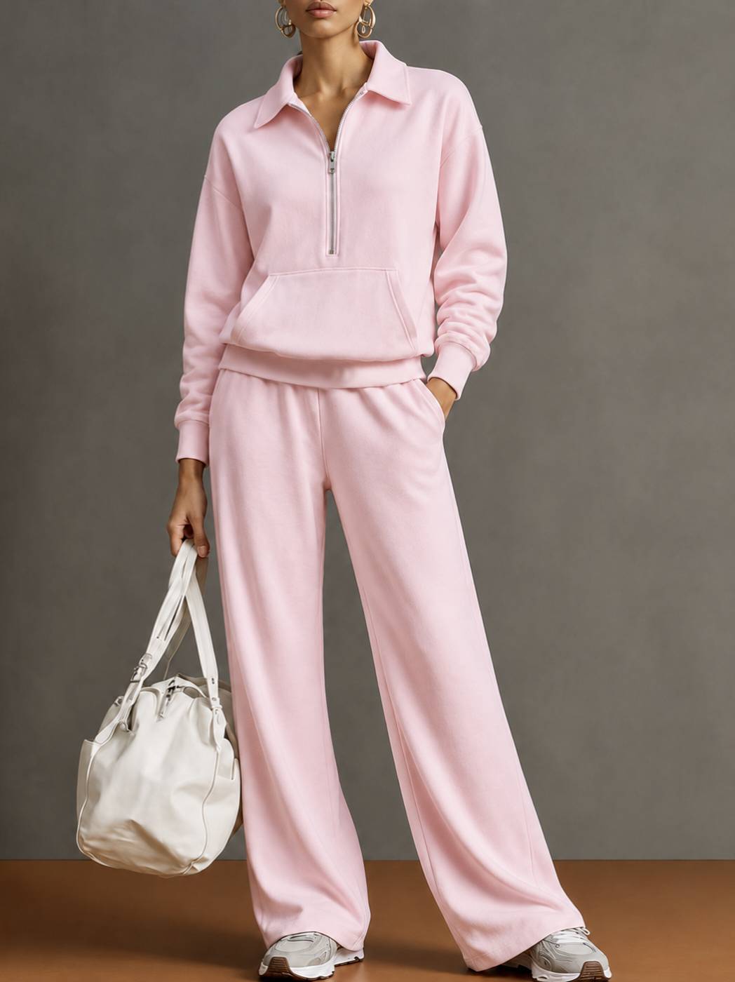 Women Two-Piece Half-Zip Sweatshirt and Wide-Leg Pants Set