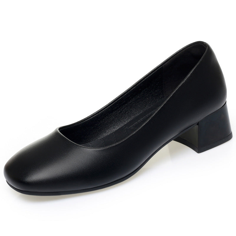 Black Leather Thick Heeled Shoes