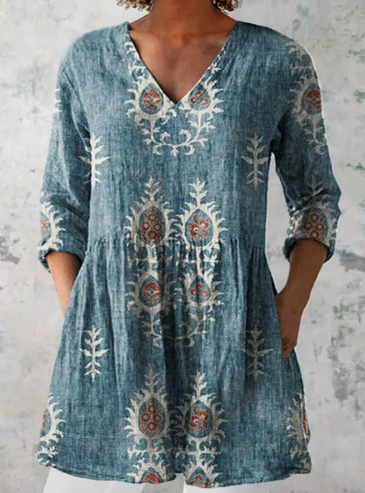 Womens 3D Printed Loose V-Neck Short Sleeve Dress