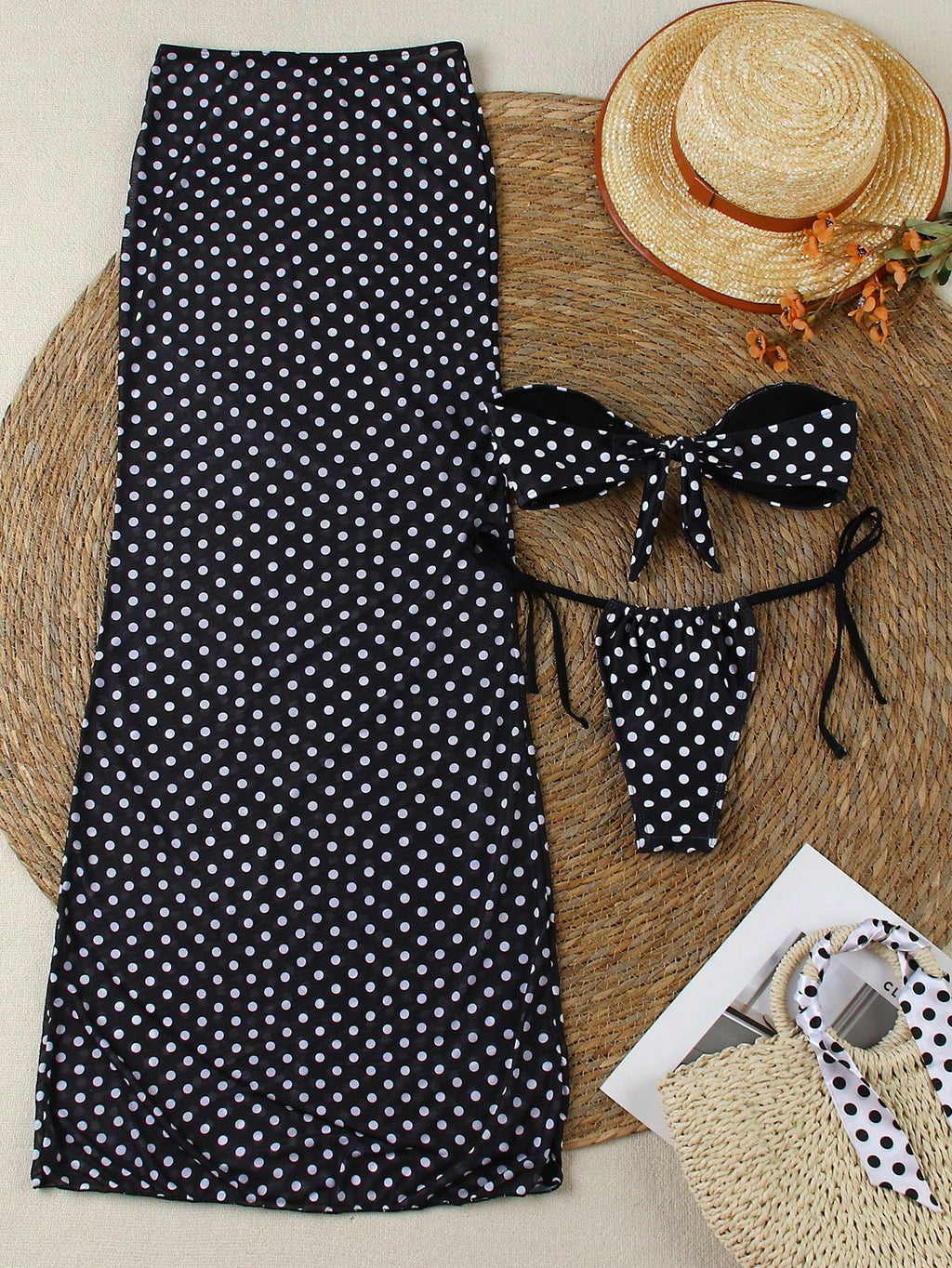 Elegant Polka Dot Print Crop Top and Skirt Set