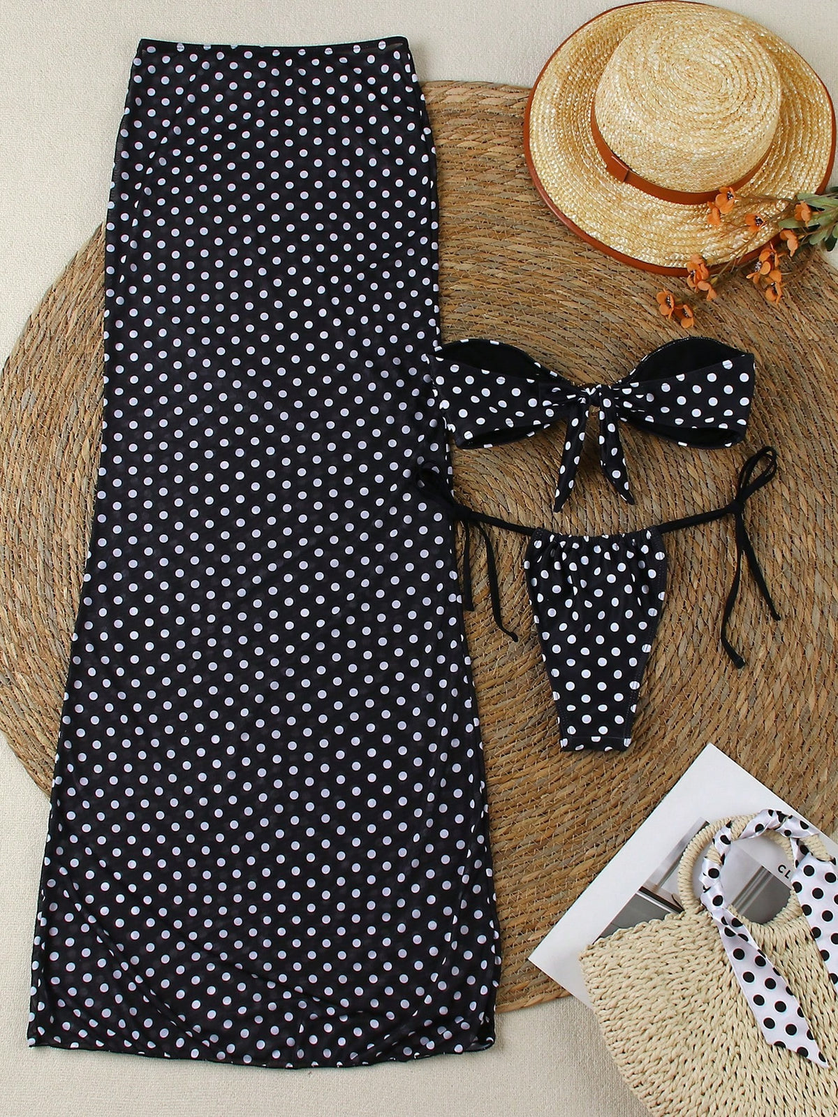Elegant Polka Dot Print Crop Top and Skirt Set