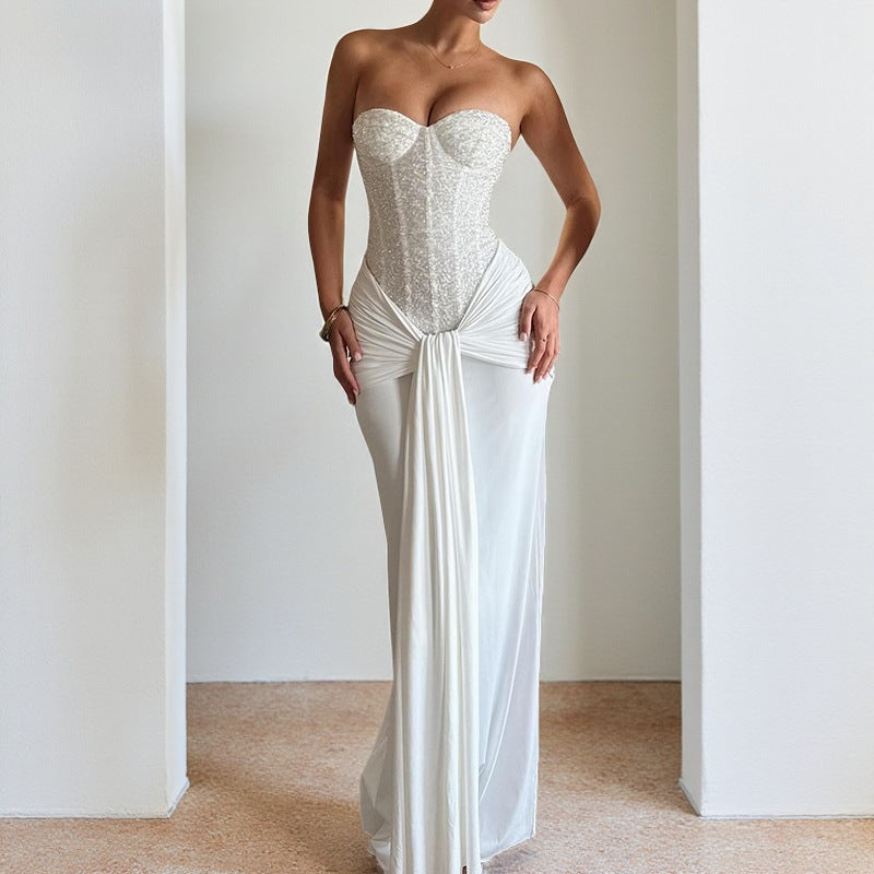 Elegant Ribbon Tube Top Evening Dress