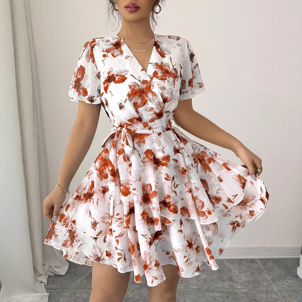 Womens Floral Print V-Neck Short Sleeve Bohemian Swing Dress