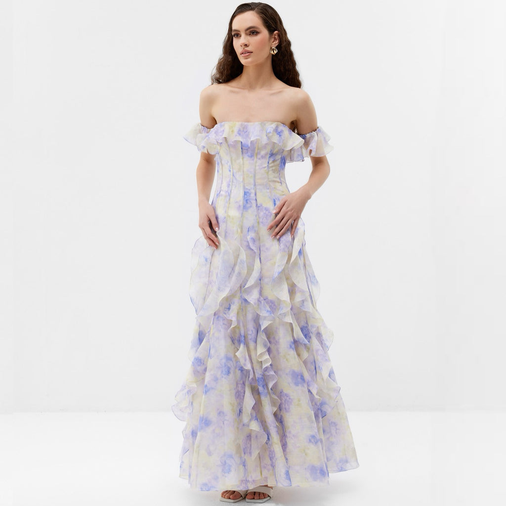 Women's Chiffon Sling Floral Ruffle Hem A-Line Maxi Dress