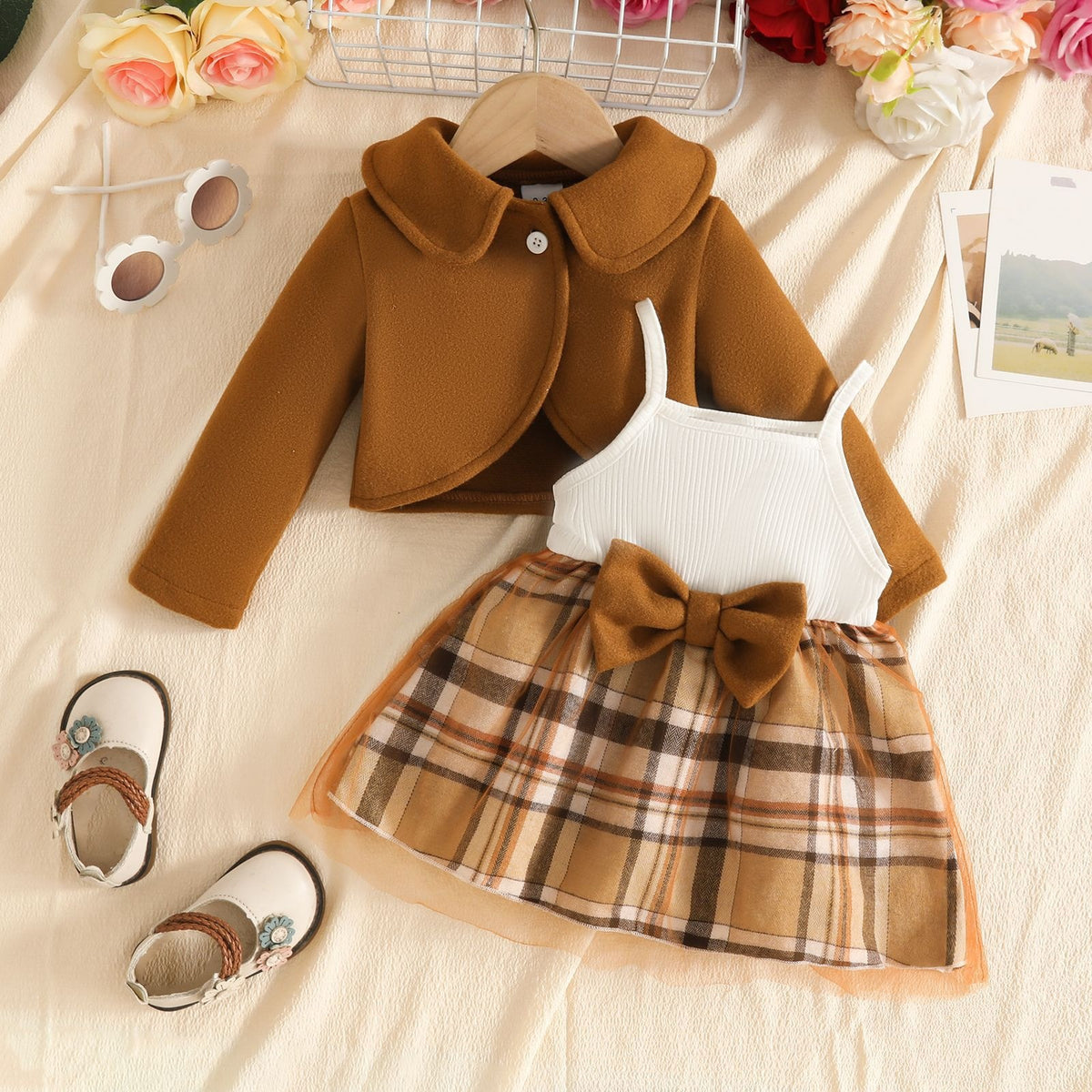 Baby Woolen Lapel Coat and Mesh Dress Set