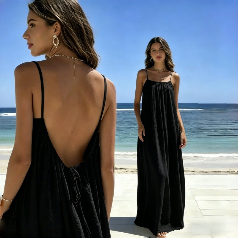 Womens Loose Fit Sleeveless Tie Neck Long Dress