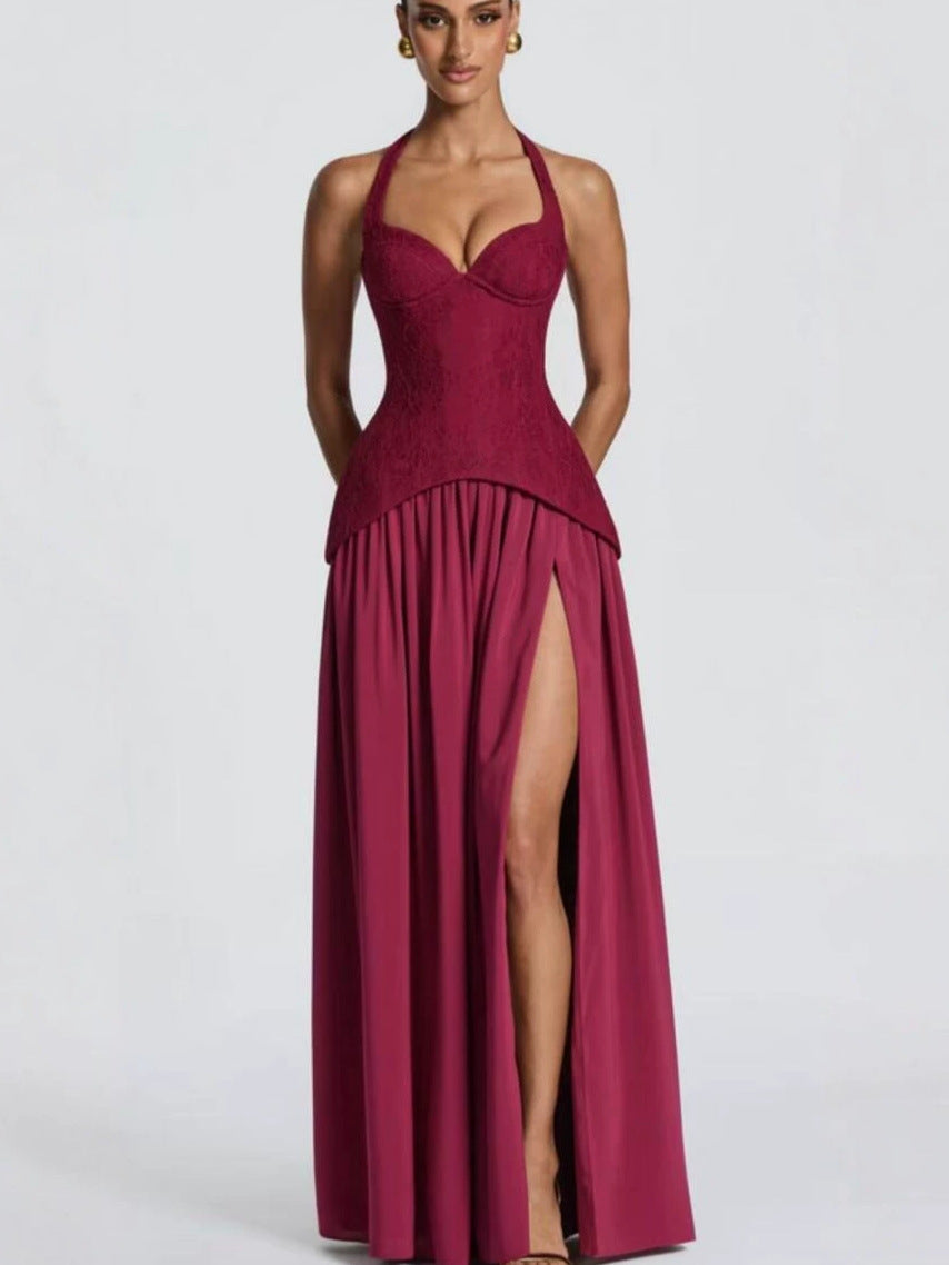 French-Style Halter Neck Lace Spliced Long Dress with Slit