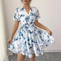 Womens Floral Print V-Neck Short Sleeve Bohemian Swing Dress