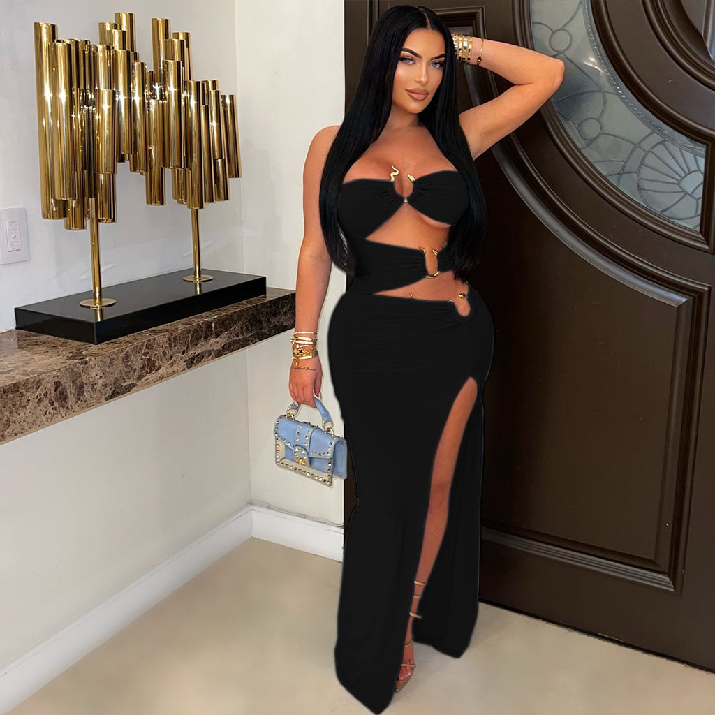 Hollow Metal Ring Bodycon Long Dress
