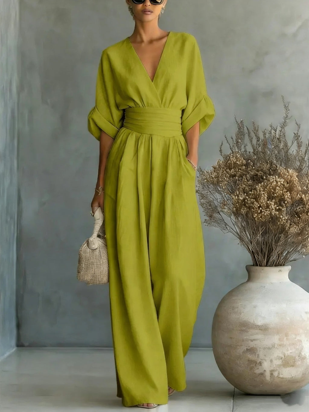 Elegant V Neck Waist Cinching Women Jumpsuit
