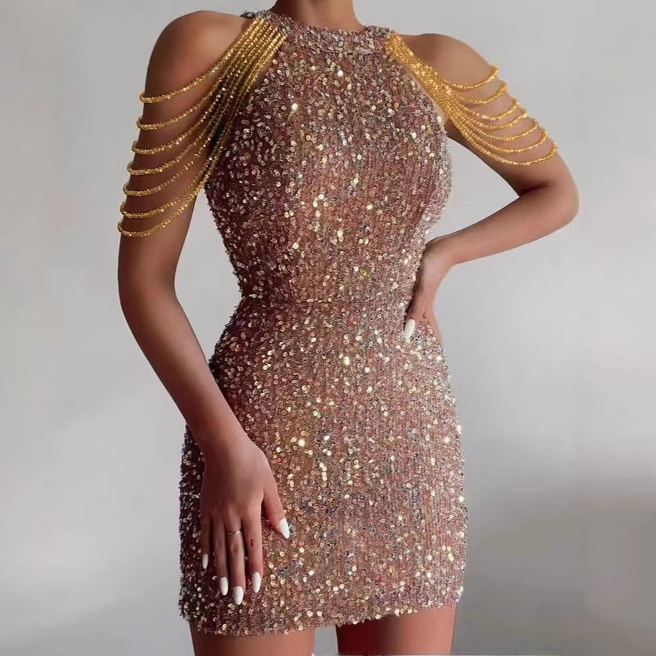 Halter Neck Sexy Crystal Chain Bodycon Sequin Mid-Waist Evening Dress