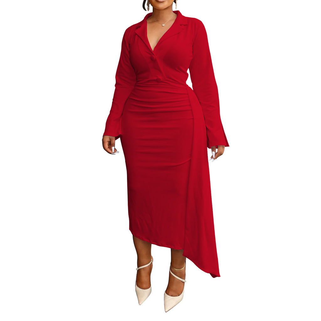 Womens V-Neck Pleated Spliced Dress