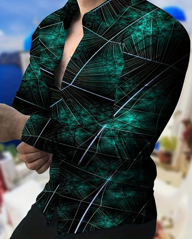 Digital Print Long-Sleeve Men's Slim-Fit Casual Shirt