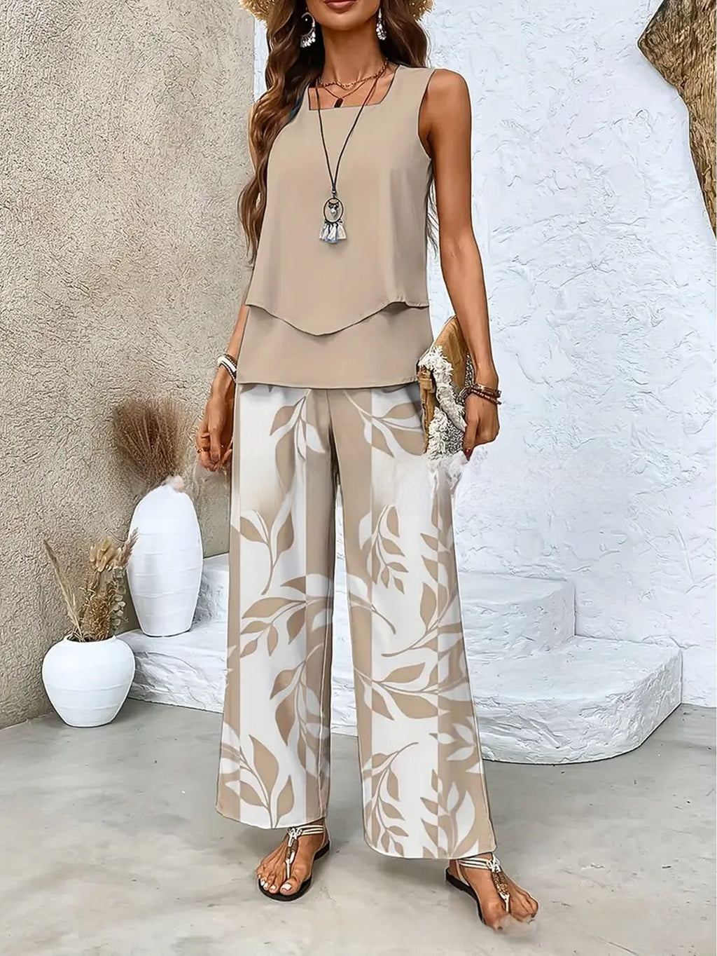 Womens Sleeveless Double-Layer Vest Top and Pants Set