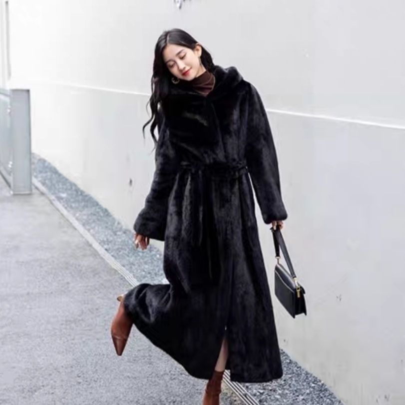 Extra-Long Faux Fur Hooded Coat with Belt for Women