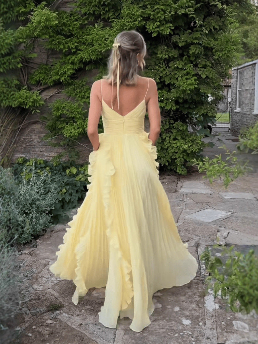 V-Neck Sleeveless Waist-Cinching Ruffled Flared Dress