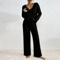 Women V-Neck Loose Ribbed Knit Long Sleeve Top Suit Set