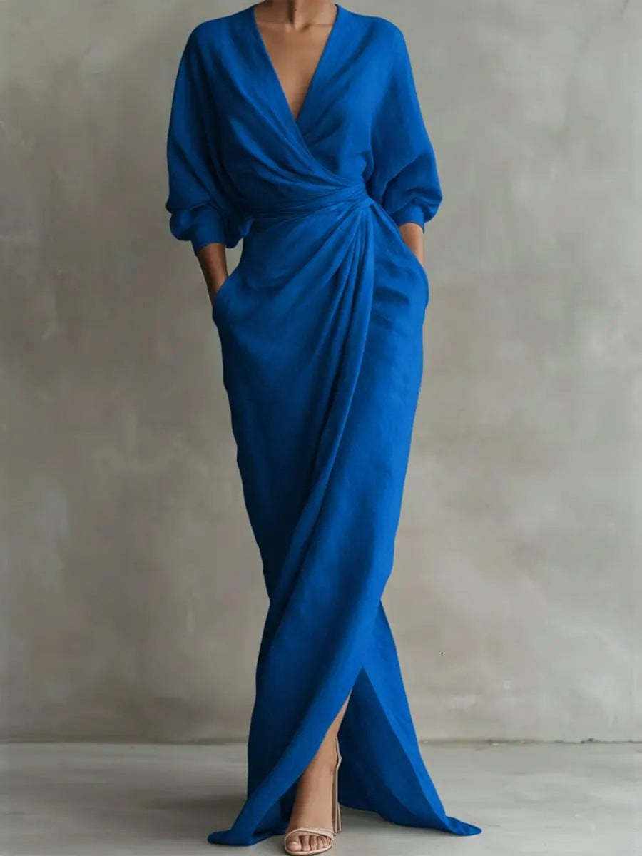 Solid-color V-neck long-sleeve slit waist-cinching dress with pockets