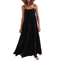 Women's Loose Solid Color Pleated Irregular Beach Strap Maxi Dress