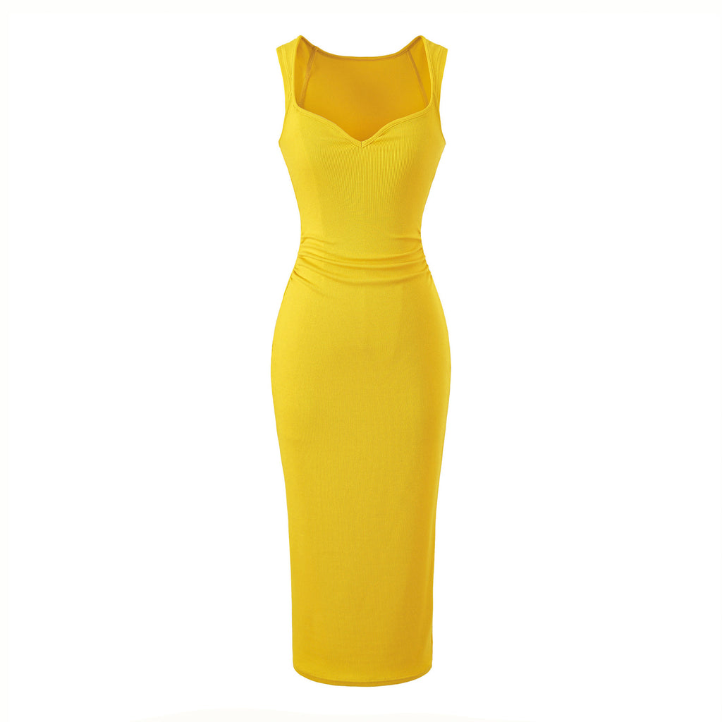 V-neck pleated dress with wide straps