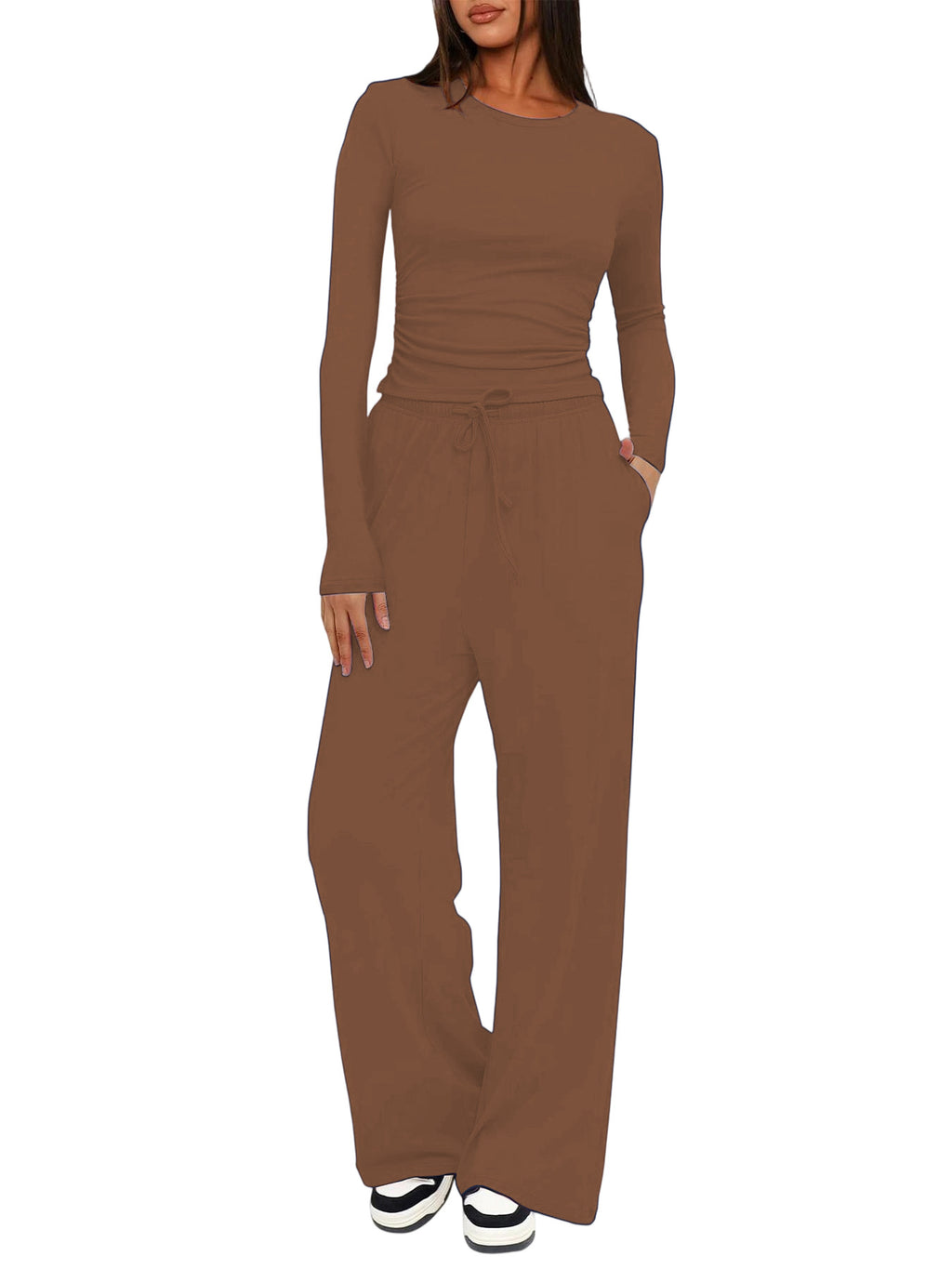 Solid Color Long Sleeve Top and High Waisted Wide Leg Pants Sportswear Set