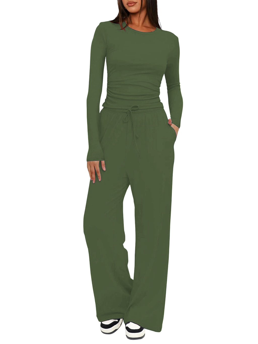 Solid Color Long Sleeve Top and High Waisted Wide Leg Pants Sportswear Set