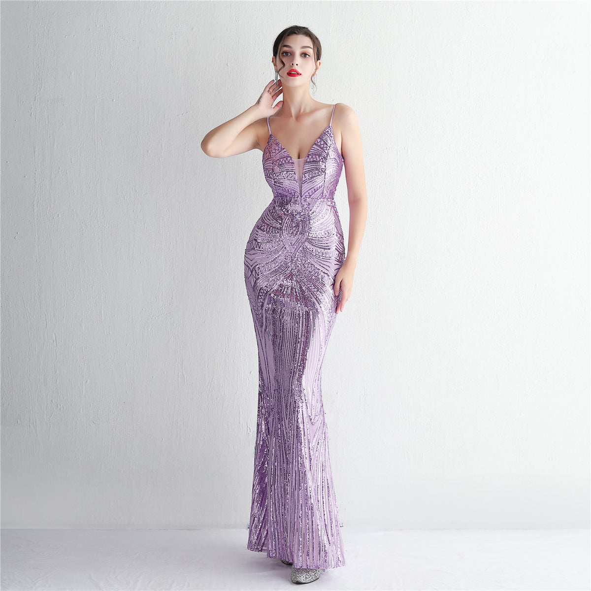 Elegant Sequined Evening Dress with Deep V-Neck