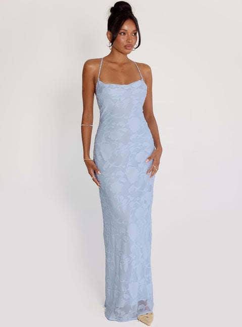 Blue Jacquard Backless Long Dress