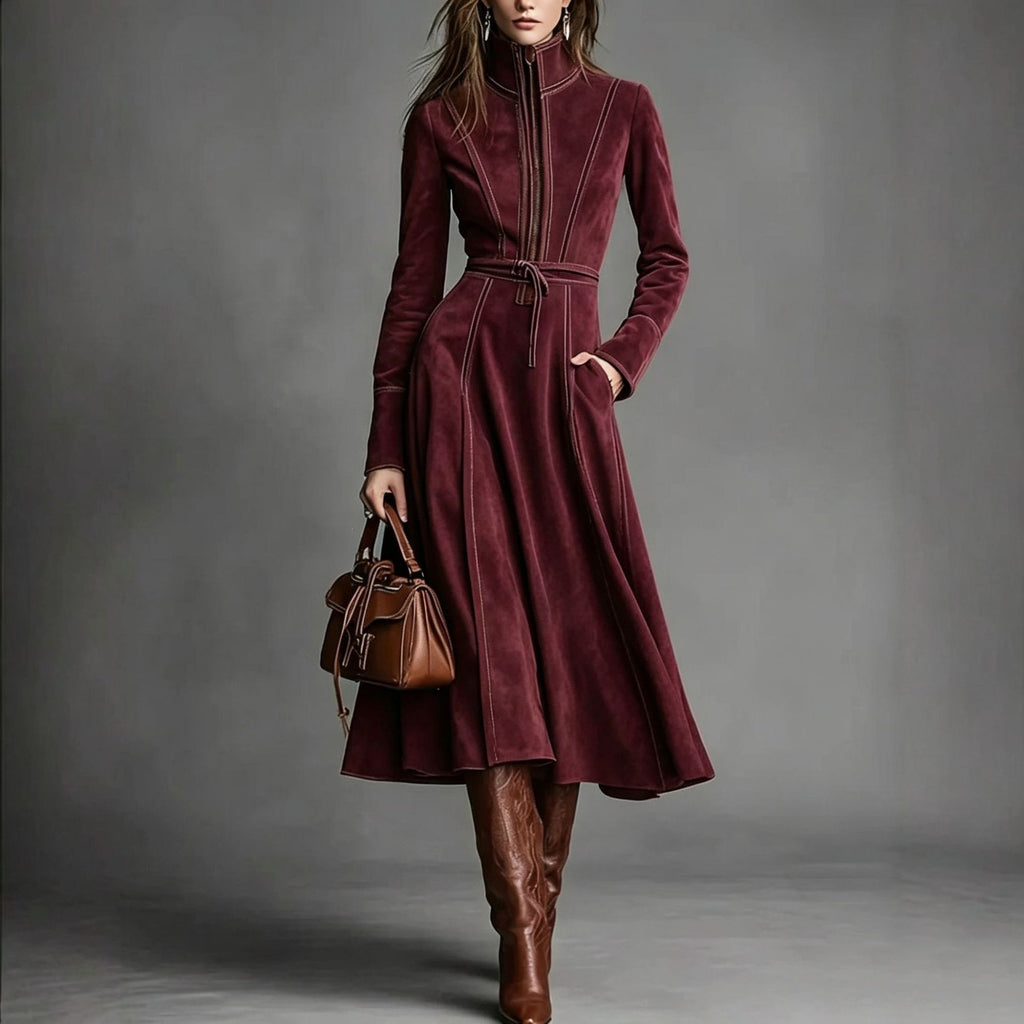 Women's Retro Suede Stand Collar Zipper A-Line Long Dress