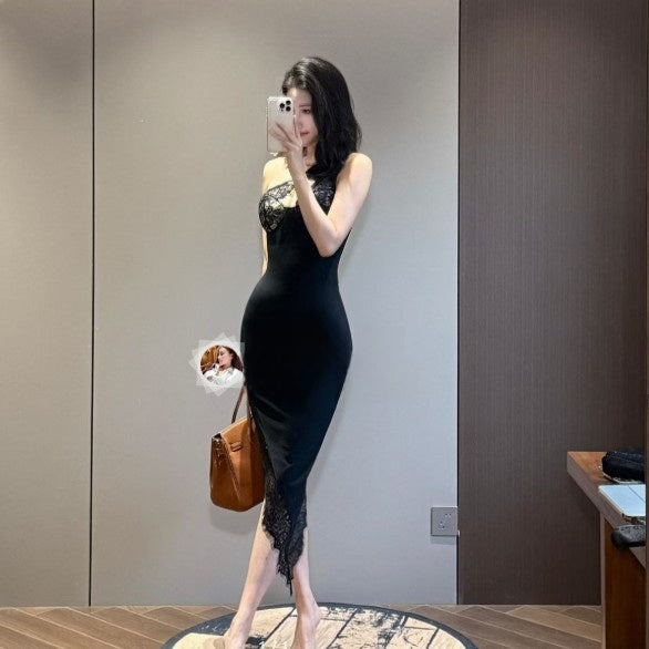 Women's Lace Deep V-Neck Spaghetti Strap Mermaid Dress Black