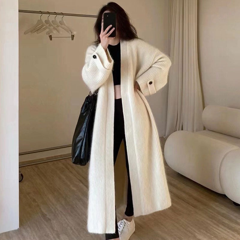 Womens Long Knitted Cardigan with V-Neck