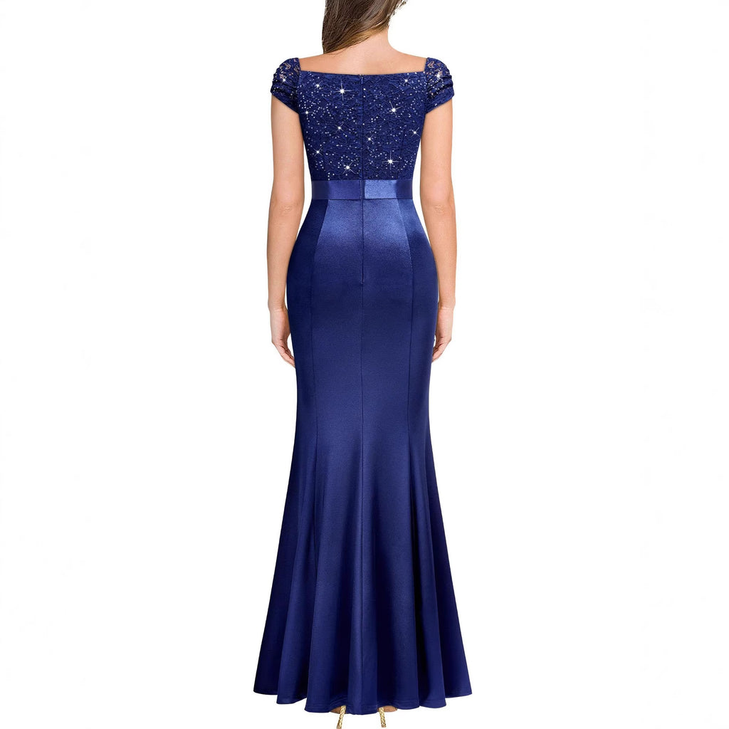 V-Neck Slim-Fit Pleated Slit Evening Gown Long Dress
