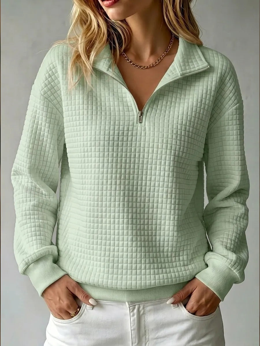 Women's Stand Collar Zip Long Sleeve Waffle Knit Patchwork Sweatshirt