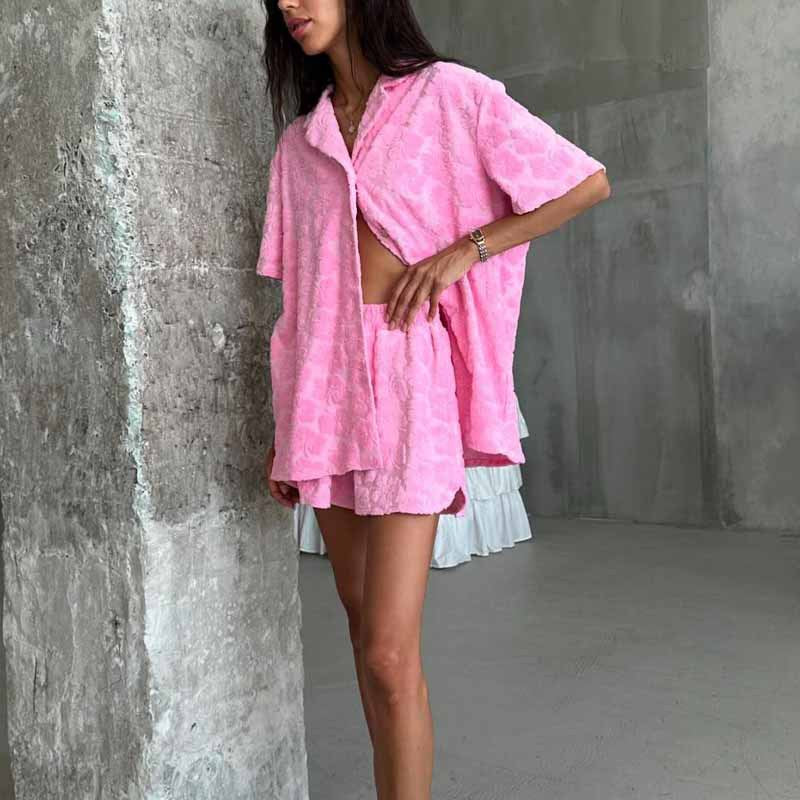 Women's Jacquard Floral Print Short Sleeve Pajama Two-Piece Set