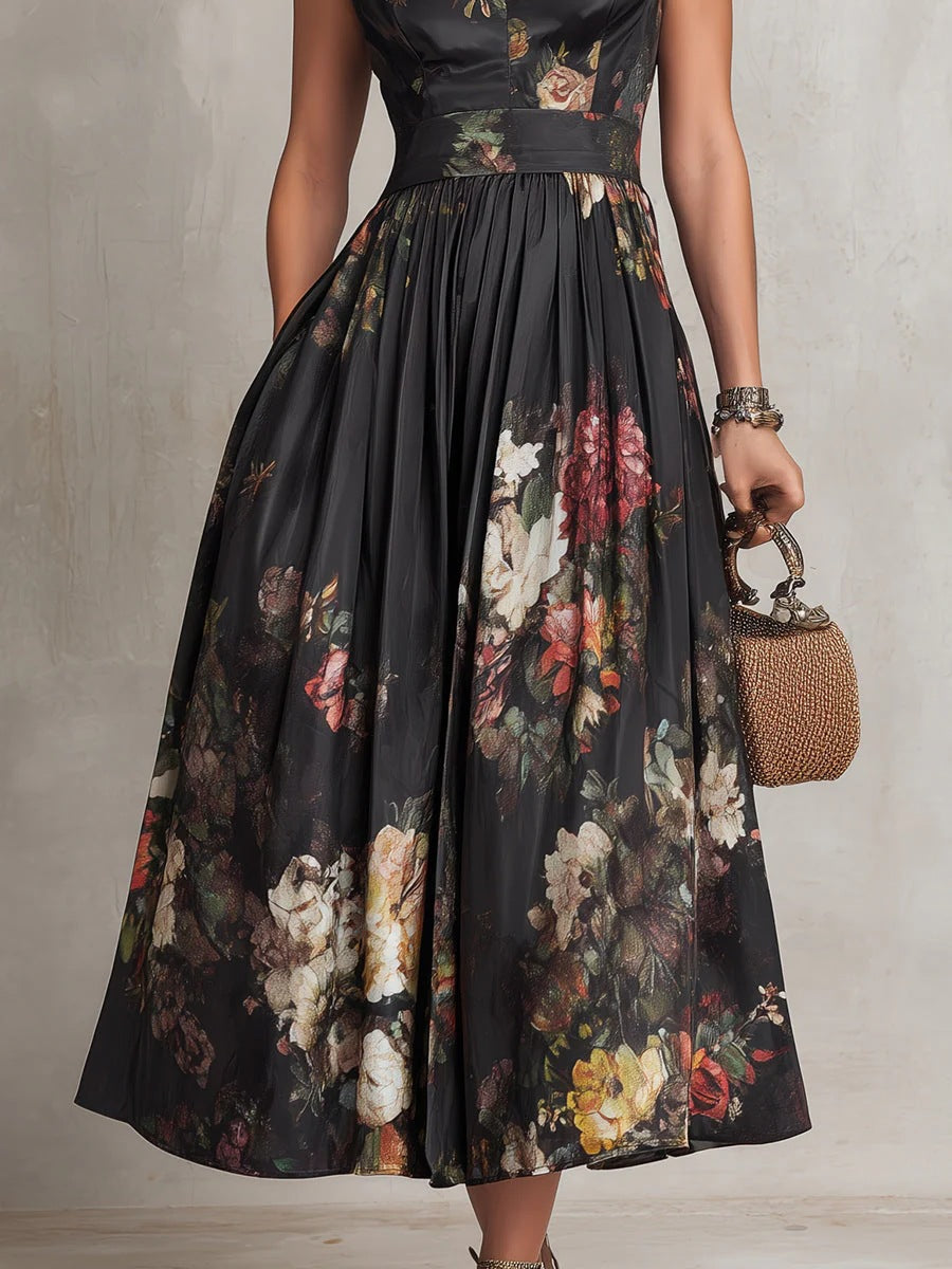 Women Sleeveless Floral Print Slim Fit Long Dress